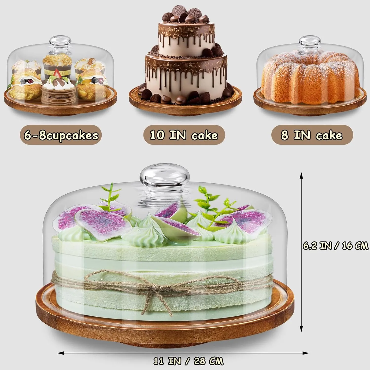 Yangbaga 11IN Wood Cake Stand with Dome Lid, Rotating Cake Stand with Glass Dome- Cake Plate with Cover for Baking Gifts/Birthday Kitchen/Party/Weddings