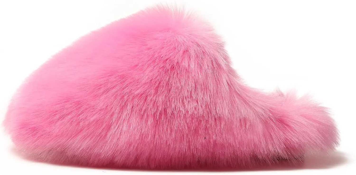 YESBOR Women's Faux Fur Fluffy Fuzzy Slippers Closed Toe Warm Winter House Slides Shoes