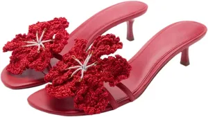YIYA Women's Cute Flower Kitten Mules Heels Open Square Toe Floral Sandals Slip On Slide Summer Party Dress Shoes