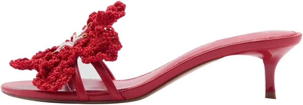 YIYA Women's Cute Flower Kitten Mules Heels Open Square Toe Floral Sandals Slip On Slide Summer Party Dress Shoes