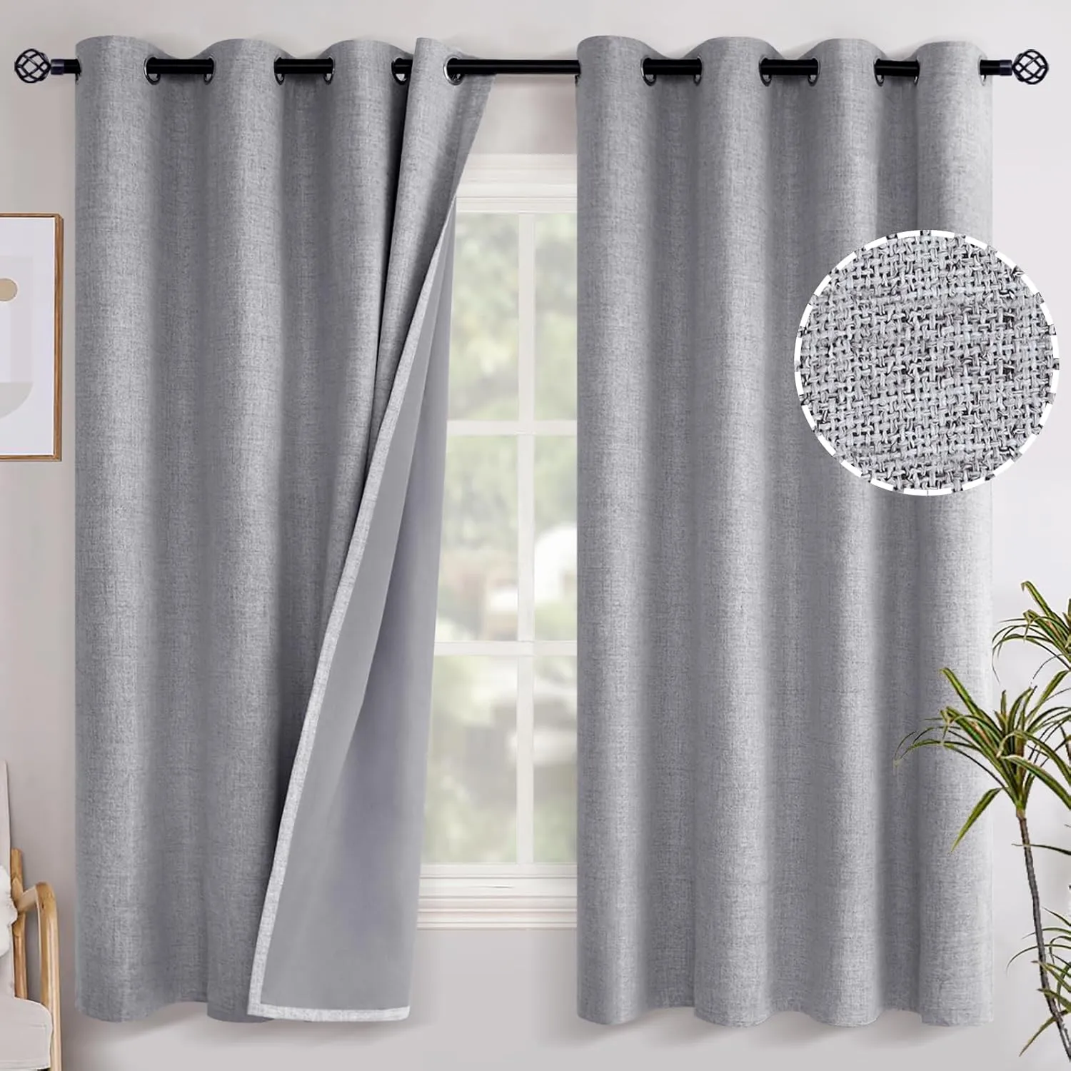 YoungsTex Grey Linen Curtains Blackout 63 Inches Long for Bedroom, Grommet Thermal Insulated Drapes Burlap Textured Room Darkening Window Treatments for Living Room Privacy, 2 Panels, 52 X 63 Inch