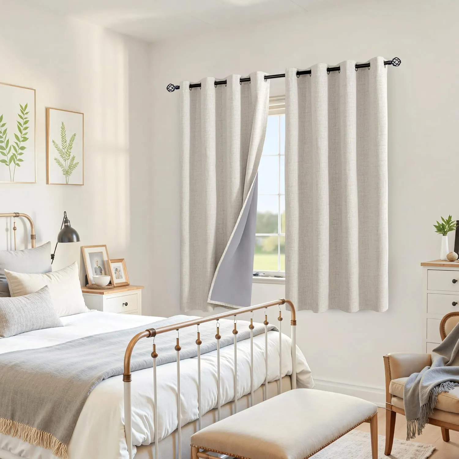 YoungsTex Linen 100% Blackout Curtains 63 Inch Length for Living Room, Grommet Thermal Insulated Drapes Cream Window Treatments for Bedroom Country Farmhouse Darkening Rustic, 52 X 63 Inch, 2 Panels