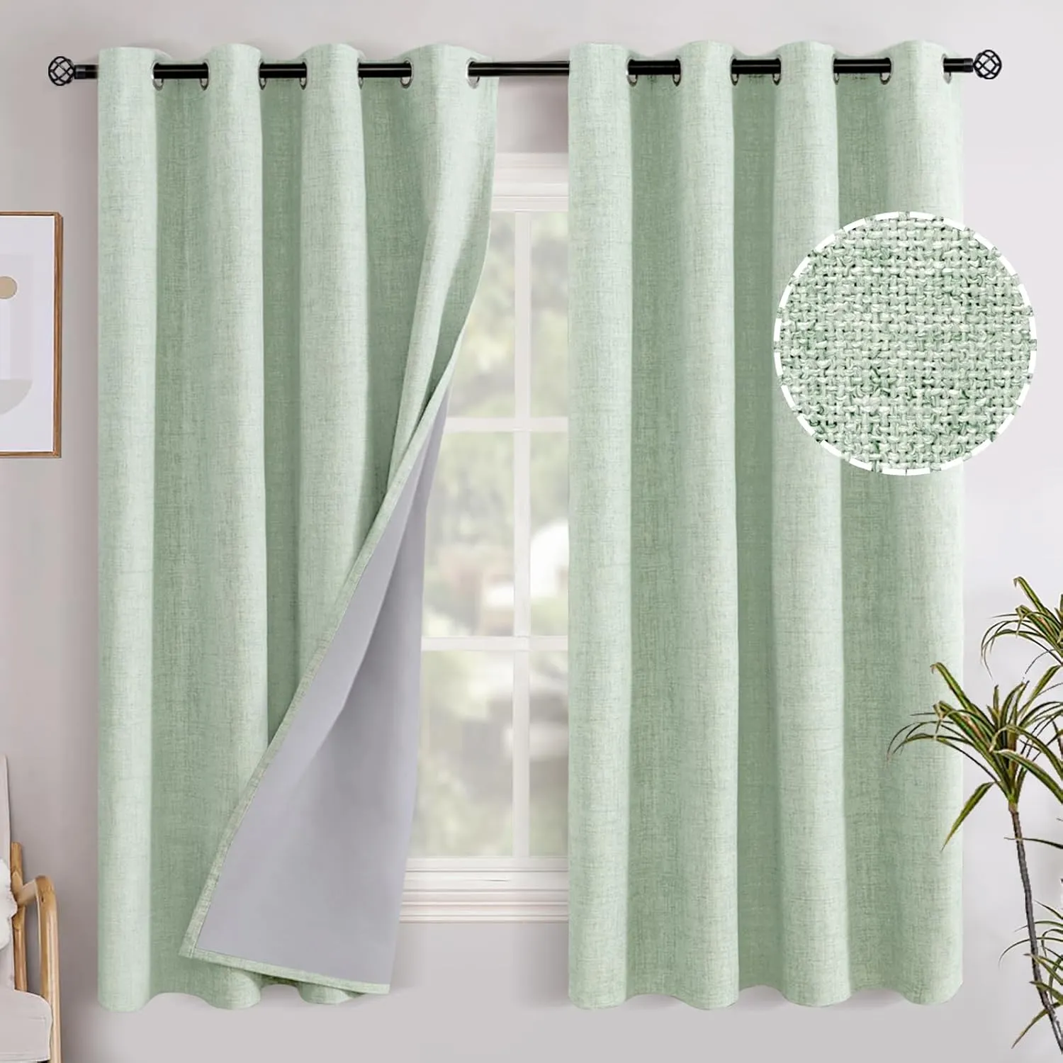 YoungsTex Sage Green Linen Blackout Curtains 63 Inch Length for Bedroom, Thermal Insulated Boho Rustic Drapes with Grommet for Living Room Sunmmer Heat Blocking Spring, 2 Panels, 52 X 63 Inch