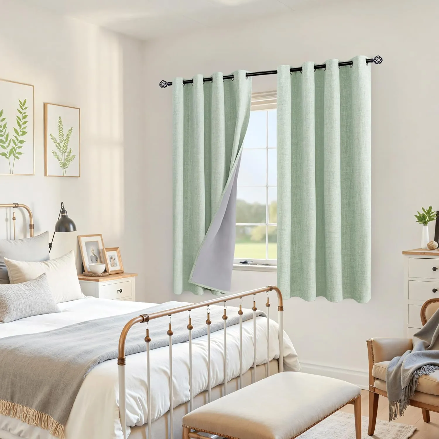 YoungsTex Sage Green Linen Blackout Curtains 63 Inch Length for Bedroom, Thermal Insulated Boho Rustic Drapes with Grommet for Living Room Sunmmer Heat Blocking Spring, 2 Panels, 52 X 63 Inch