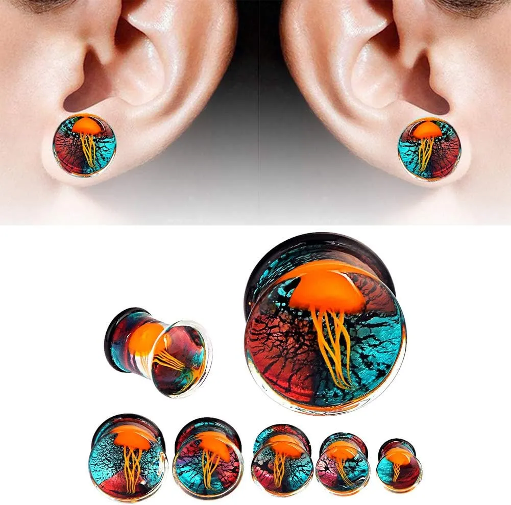 Yungger One Pair / 3 Pairs Glass Plugs Double Flare Saddle Jellyfish Ear Plugs Kit Gauge 0G-5/8 inch