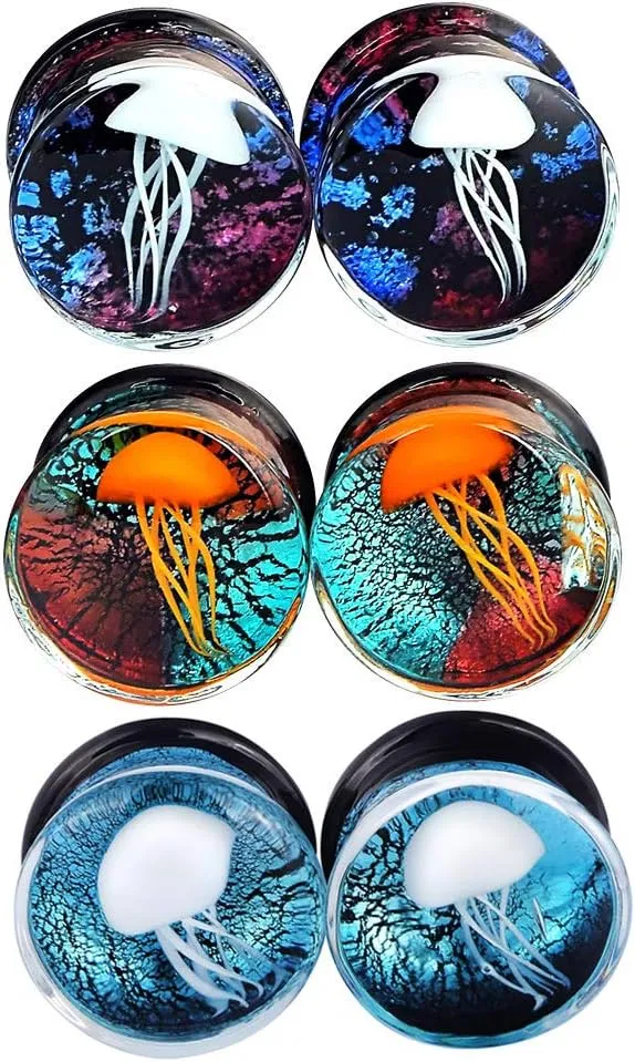 Yungger One Pair / 3 Pairs Glass Plugs Double Flare Saddle Jellyfish Ear Plugs Kit Gauge 0G-5/8 inch