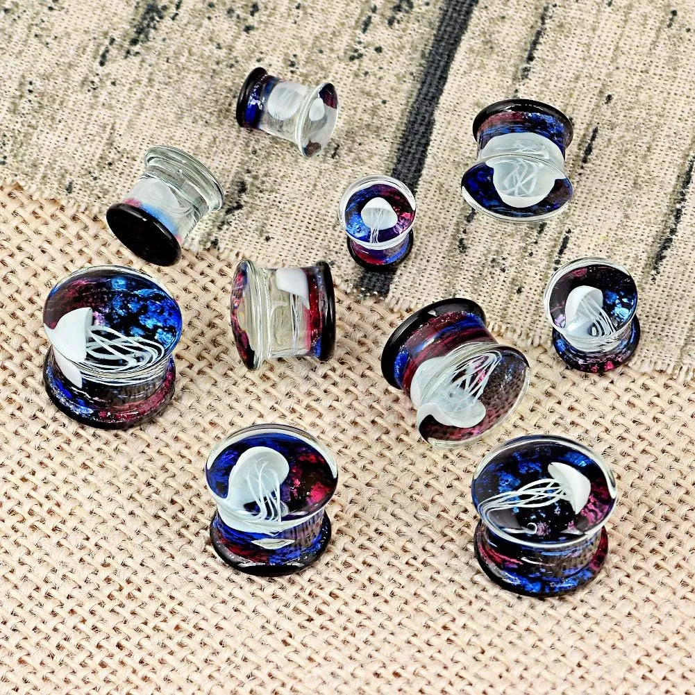 Yungger One Pair / 3 Pairs Glass Plugs Double Flare Saddle Jellyfish Ear Plugs Kit Gauge 0G-5/8 inch