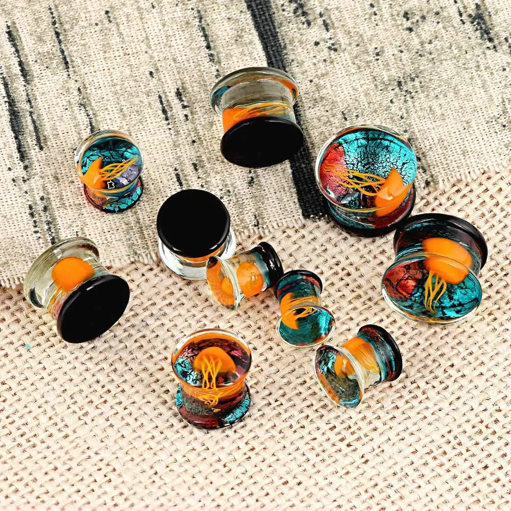 Yungger One Pair / 3 Pairs Glass Plugs Double Flare Saddle Jellyfish Ear Plugs Kit Gauge 0G-5/8 inch