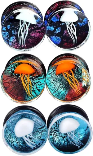 Yungger One Pair / 3 Pairs Glass Plugs Double Flare Saddle Jellyfish Ear Plugs Kit Gauge 0G-5/8 inch