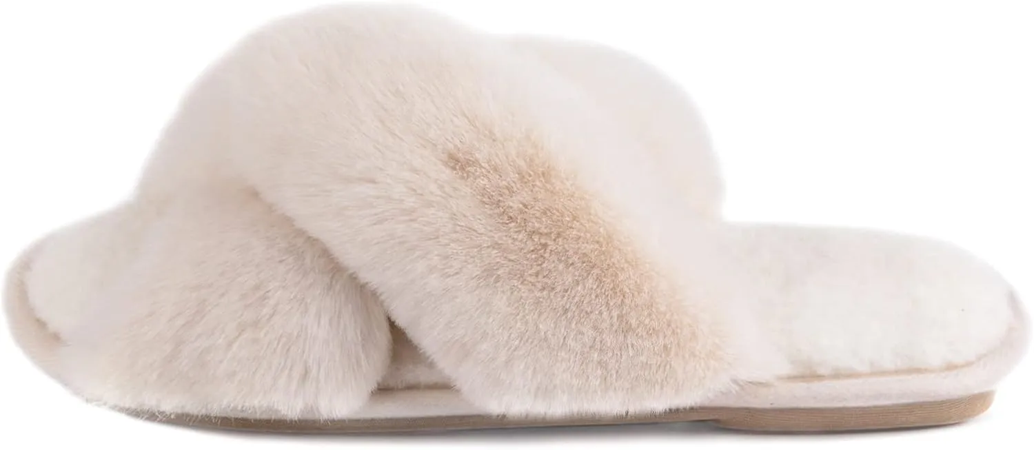 Zizor Women's Open Toe Fluffy Slippers with Memory Foam, Ladies' Cross Band House Shoes, Faux Fur Slip on Home Slippers for Indoor Outdoor