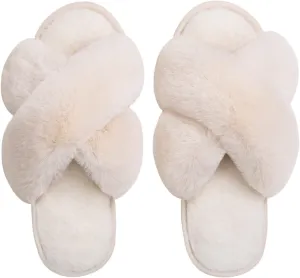 Zizor Women's Open Toe Fluffy Slippers with Memory Foam, Ladies' Cross Band House Shoes, Faux Fur Slip on Home Slippers for Indoor Outdoor