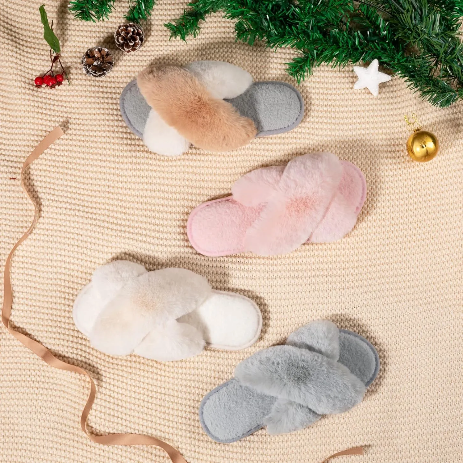 Zizor Women's Open Toe Fluffy Slippers with Memory Foam, Ladies' Cross Band House Shoes, Faux Fur Slip on Home Slippers for Indoor Outdoor